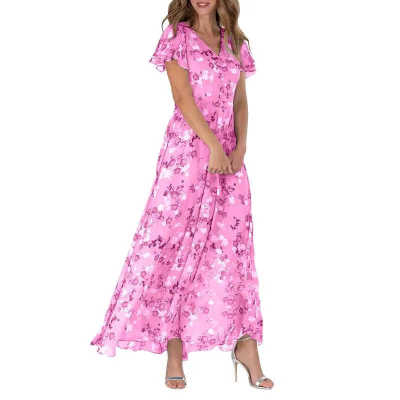 Lilly - Langes Kleid mit kurzen Ärmeln und Blumendruck--